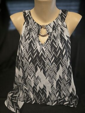 Iz Byer Black and White Chevron Halter Crop Top with Ring Accent